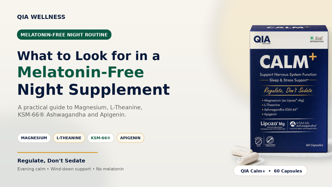 QIA Calm+ melatonin-free night routine supplement with Magnesium, L-Theanine, KSM-66 Ashwagandha and Apigenin