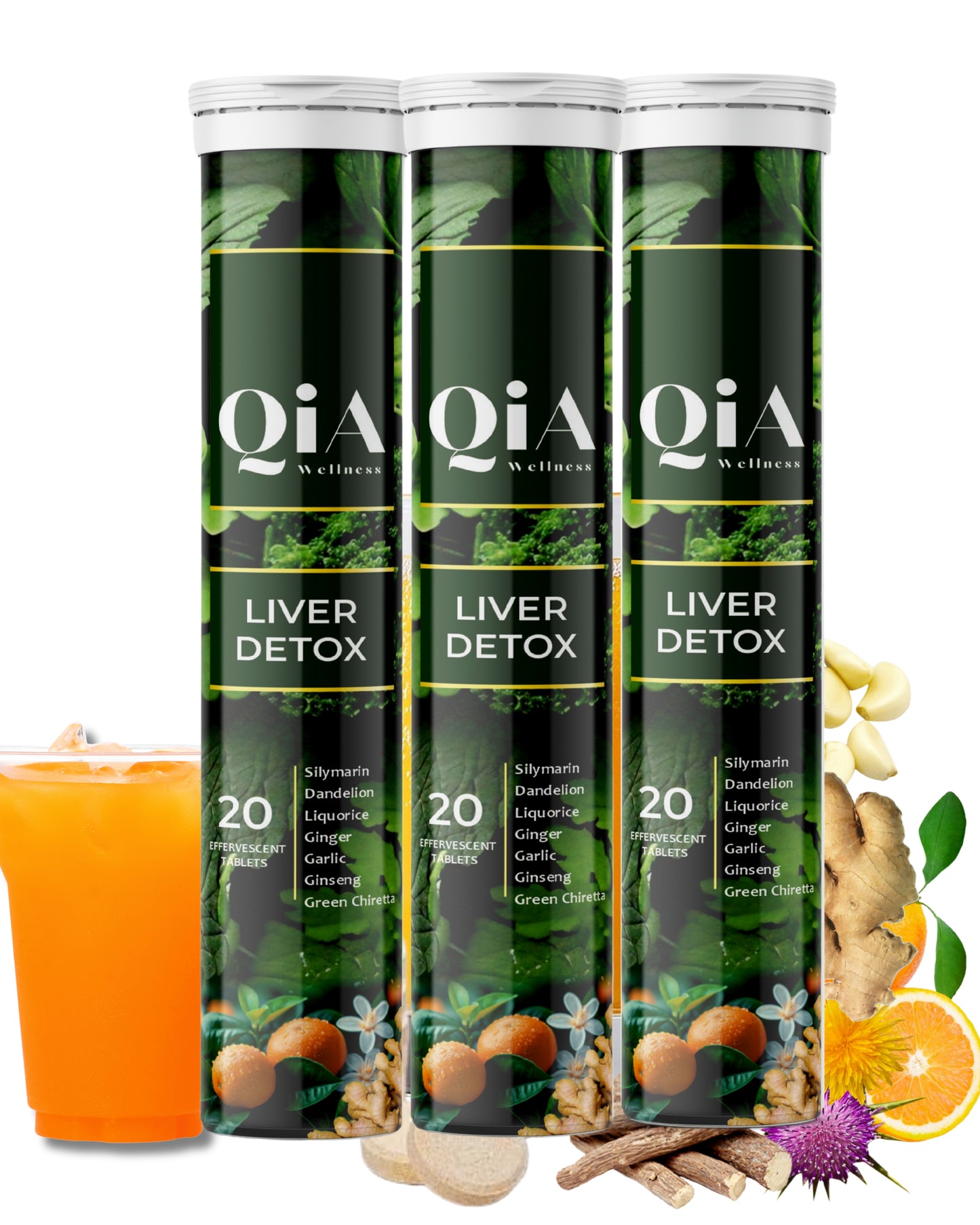 Liver Detox Fizzy Tabs | Vegan | Superherbs | Vitamin B9 | Vitamin B12 | No Added Sugar - Qia Wellness