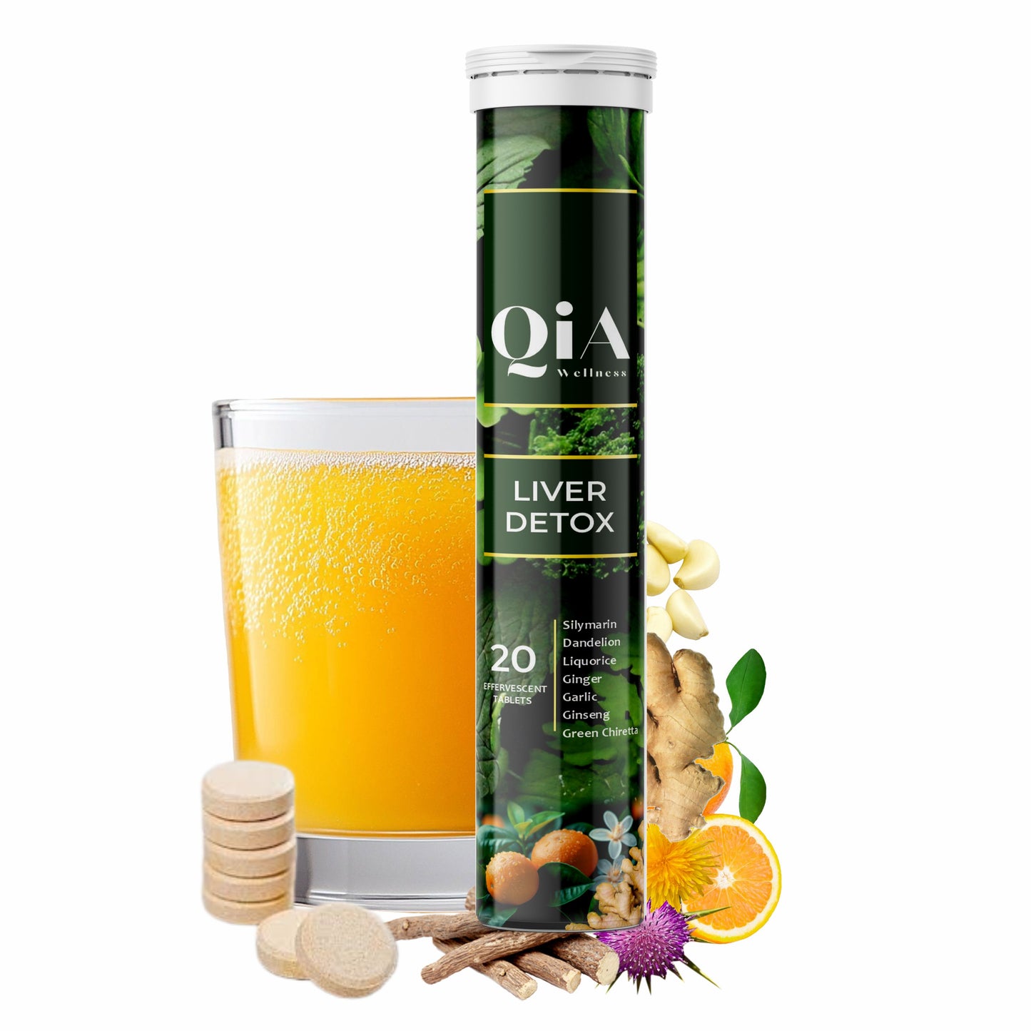 Liver Detox Fizzy Tabs | Vegan | Superherbs | Vitamin B9 | Vitamin B12 | No Added Sugar - Qia Wellness