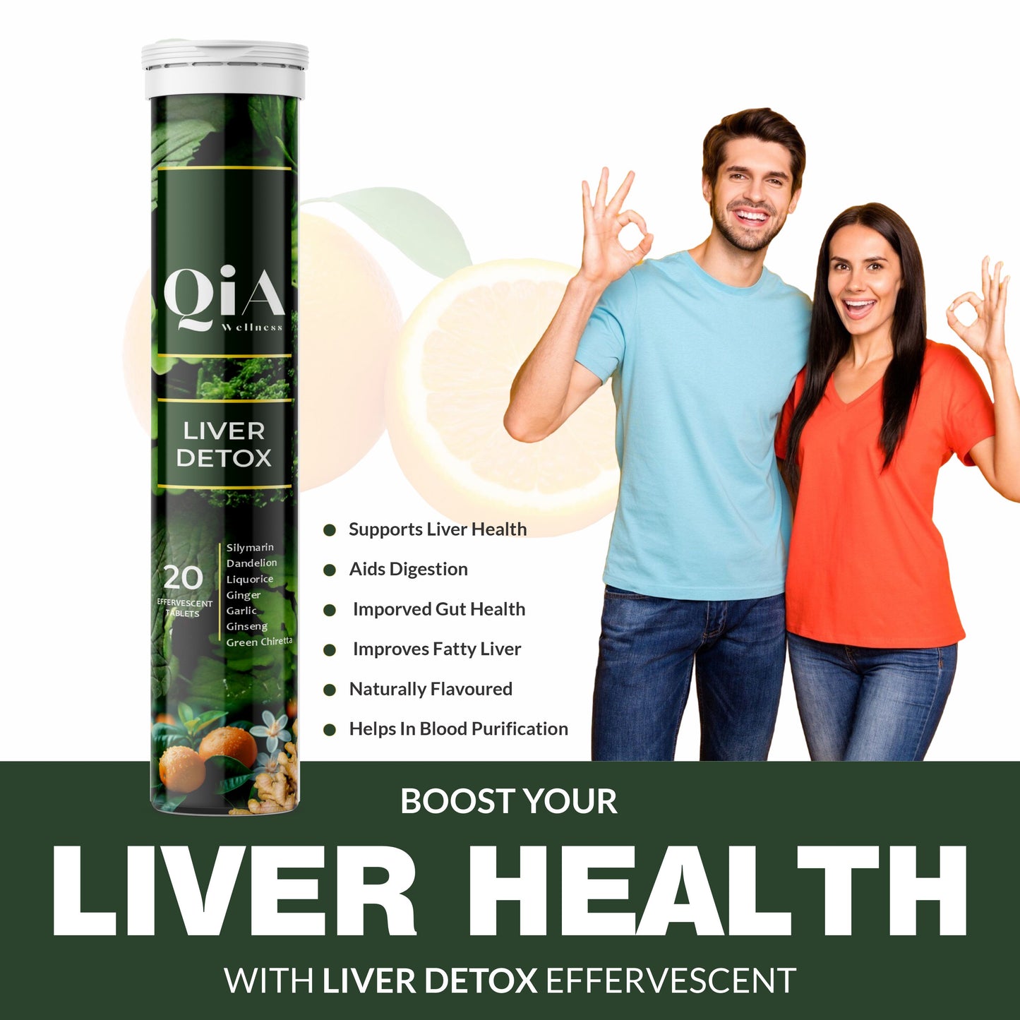 Liver Detox Fizzy Tabs | Vegan | Superherbs | Vitamin B9 | Vitamin B12 | No Added Sugar - Qia Wellness