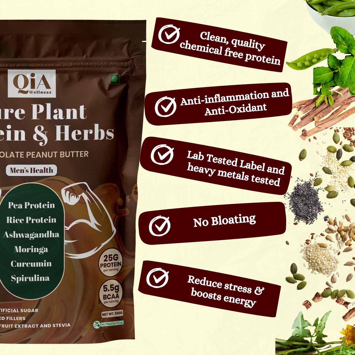 Superfood Plant Protein for Men | Chocolate Peanut Butter Flavor - Qia Wellness